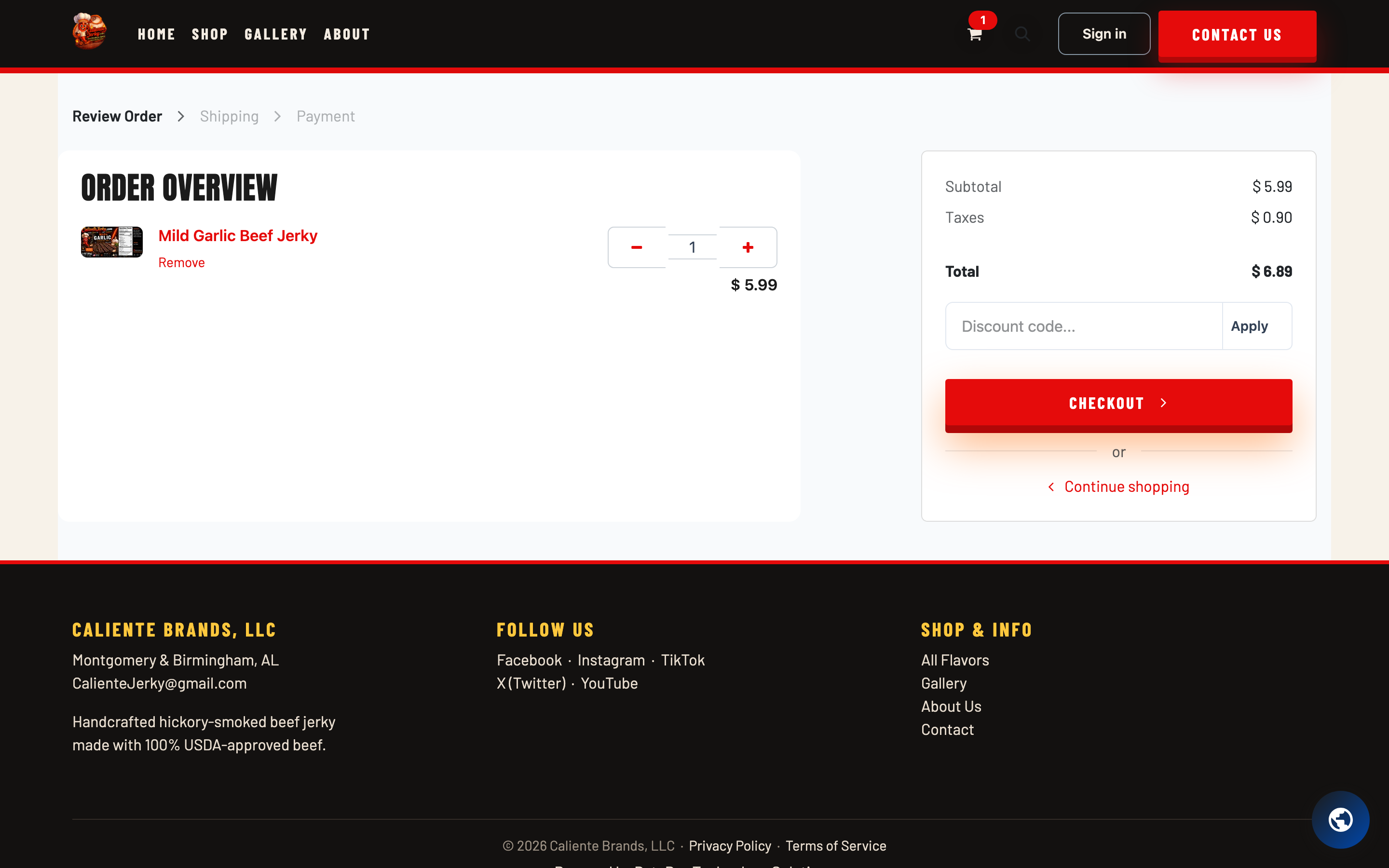 The shopping cart page listing selected jerky with quantities and order total