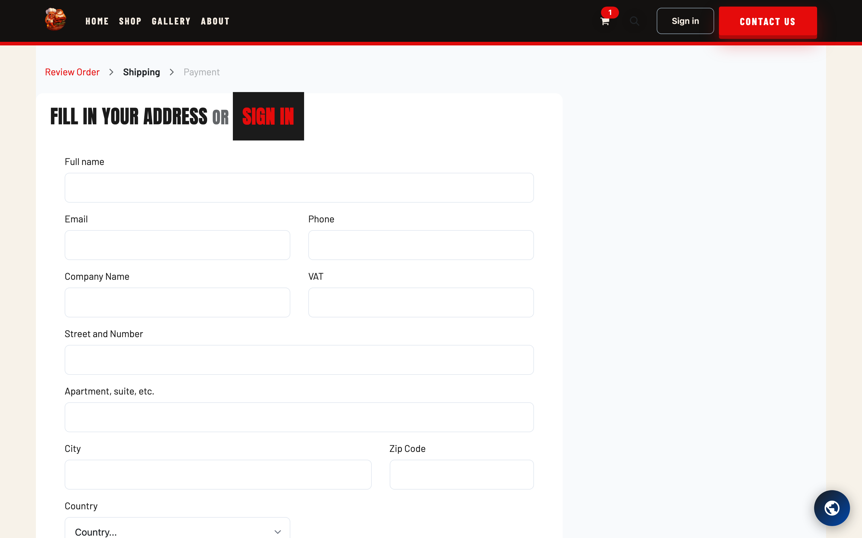 The checkout address step with fields for name, street, city, and state