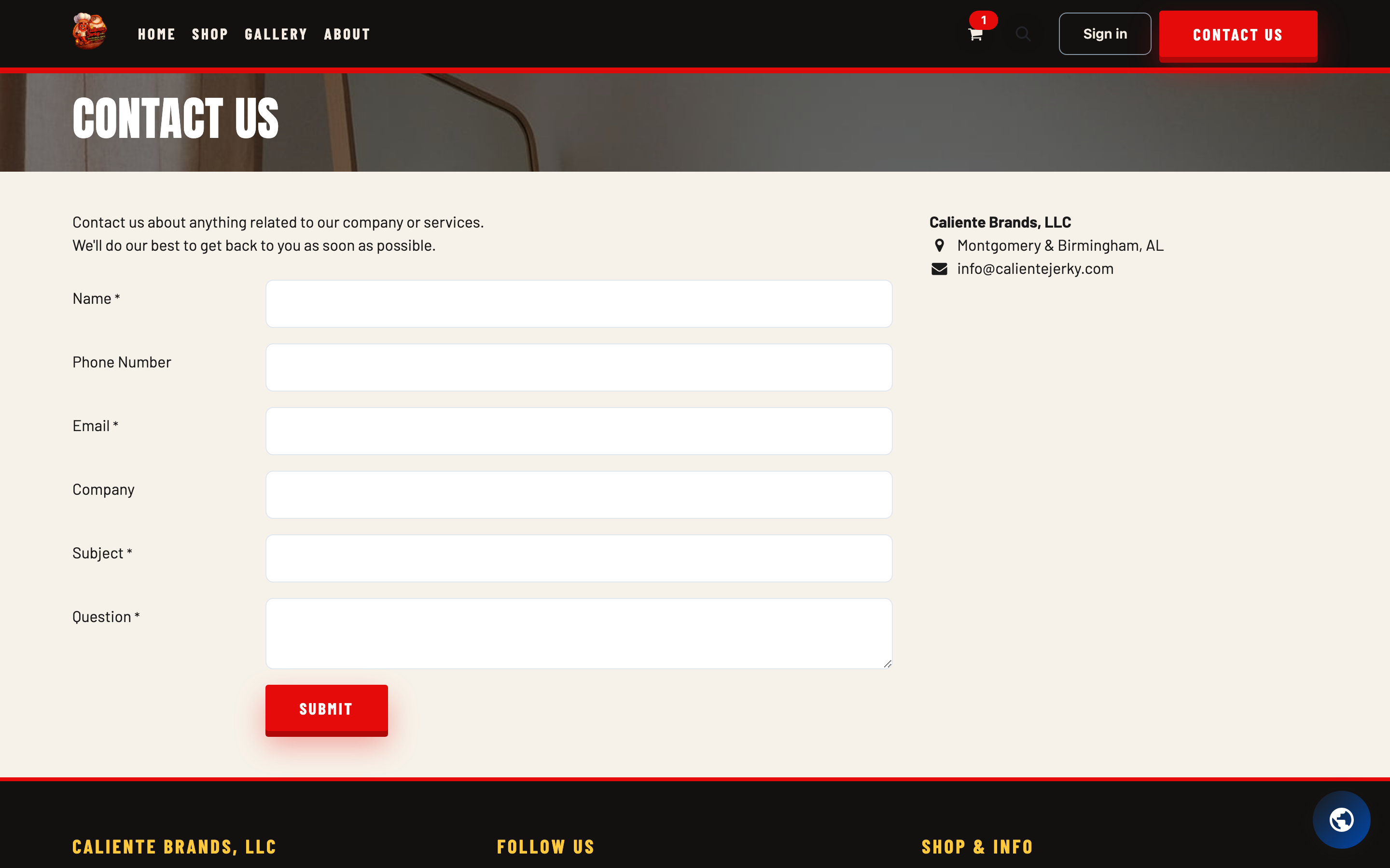 The Caliente contact page with the message form