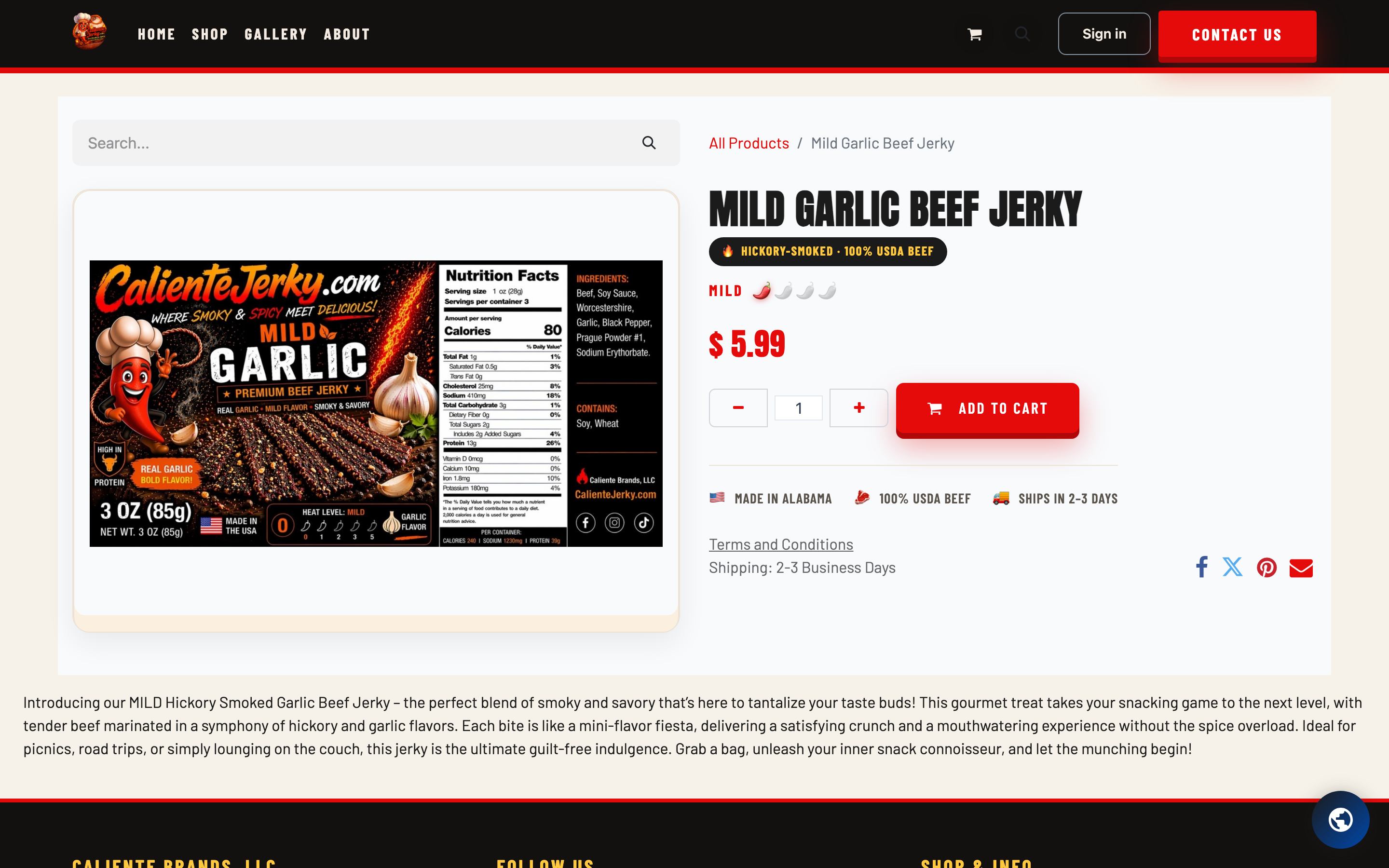 A jerky product page showing the heat meter, price, and Add to Cart button