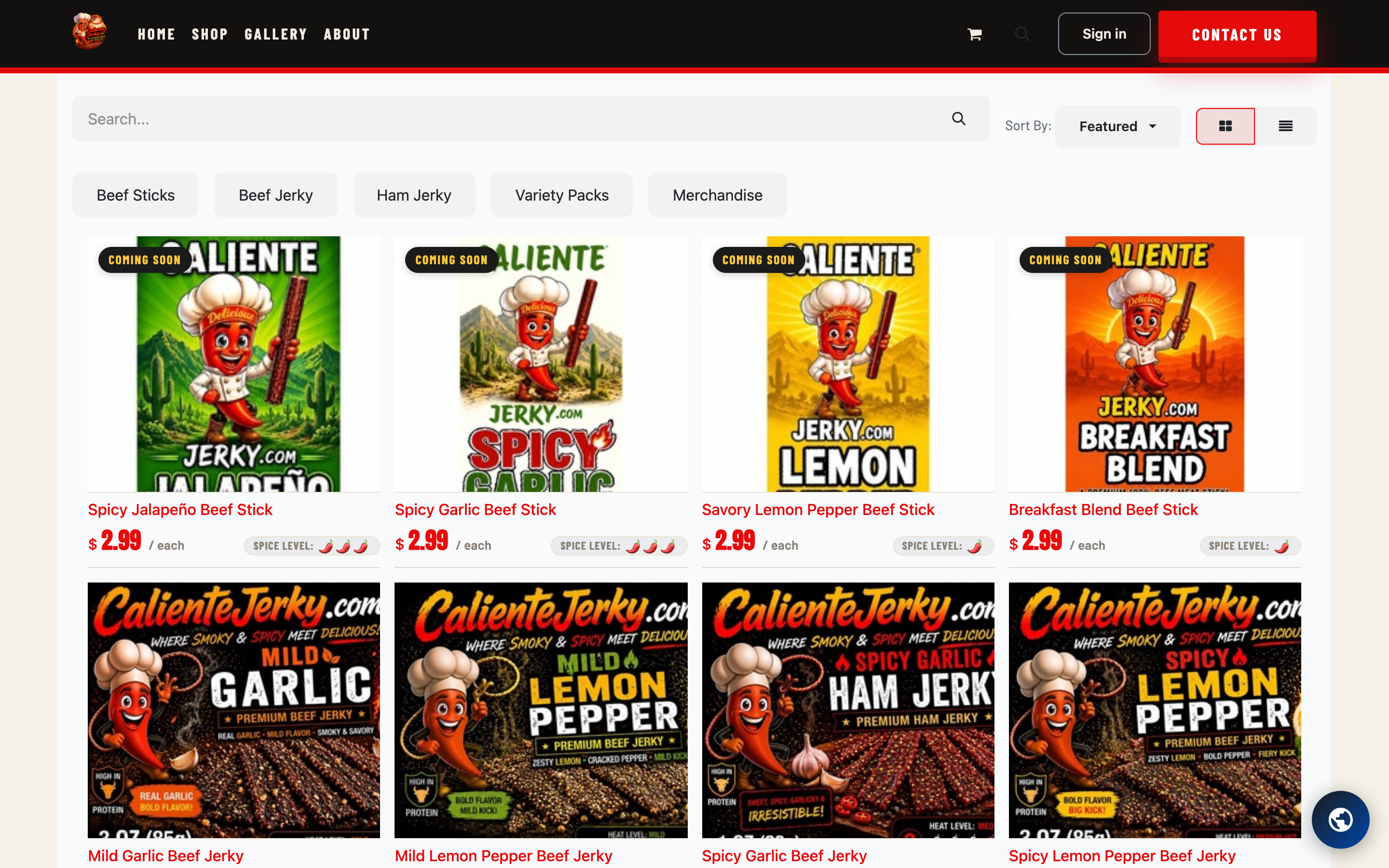 The Caliente shop page showing the grid of jerky flavors with prices and heat levels