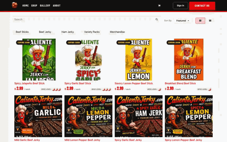 Animated walkthrough: browsing the shop, adding jerky to the cart, and checking out